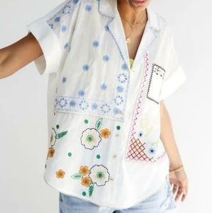 NWT Anthropologie Pilcro Embroidered Surf Button-down White Blouse